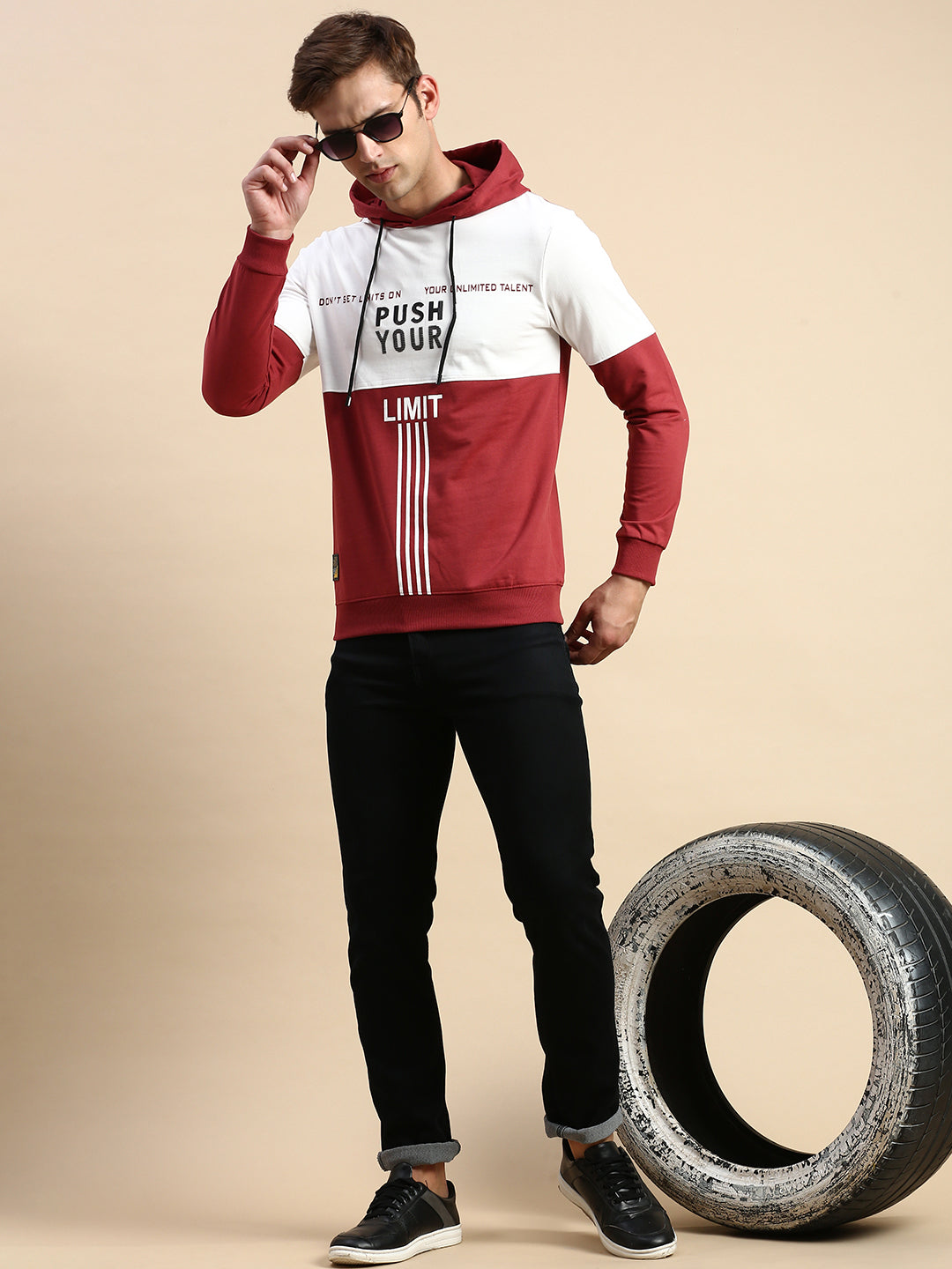 Men's Maroon Colourblock Casual Hoodie