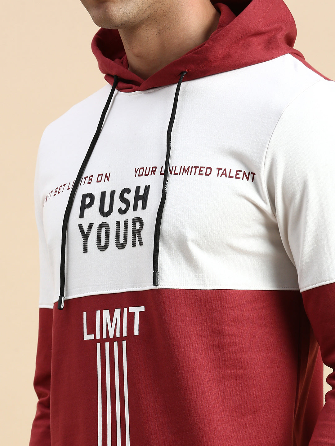 Men's Maroon Colourblock Casual Hoodie