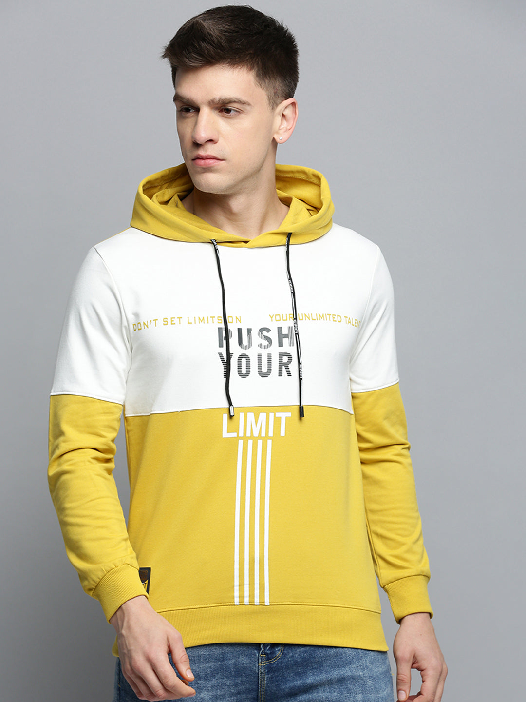 Men's Yellow Colourblock Casual Hoodie