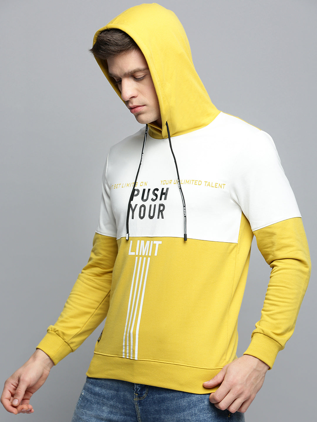 Men's Yellow Colourblock Casual Hoodie