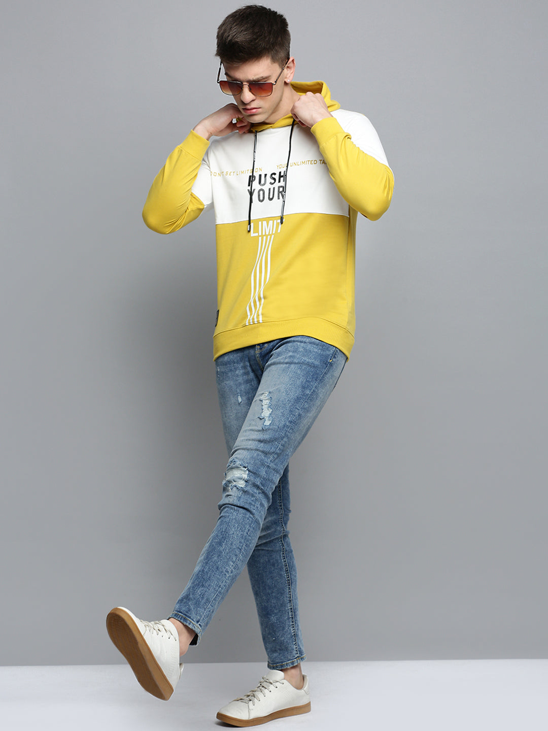 Men's Yellow Colourblock Casual Hoodie