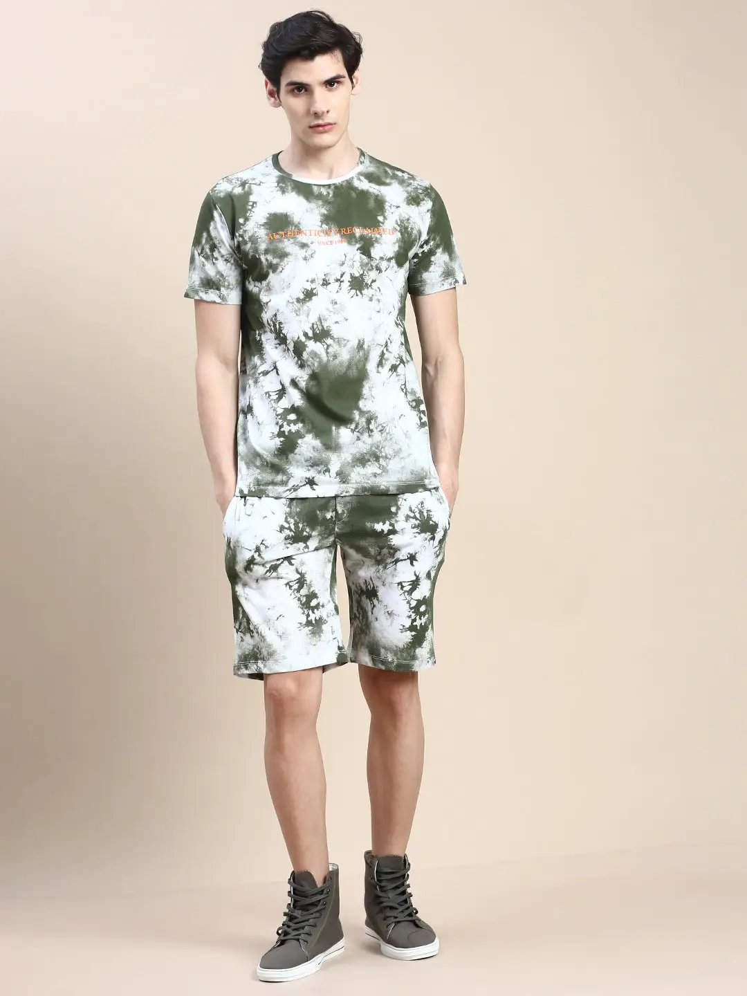 Men's White Tie & Dyed Short Sleeves Slim-Fit Co-Ords Set