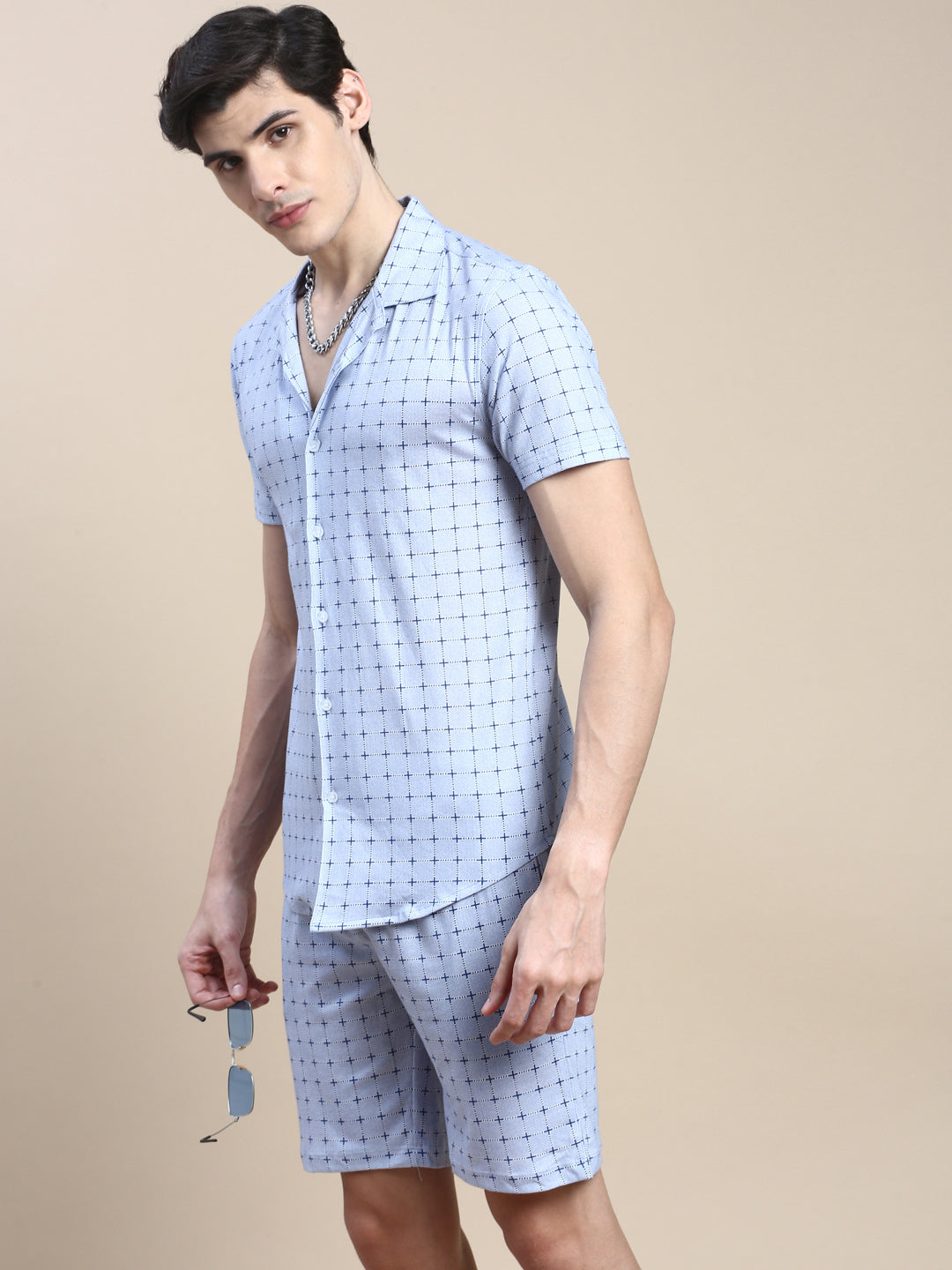 Men's Blue Printed Casual Co-Ords Set