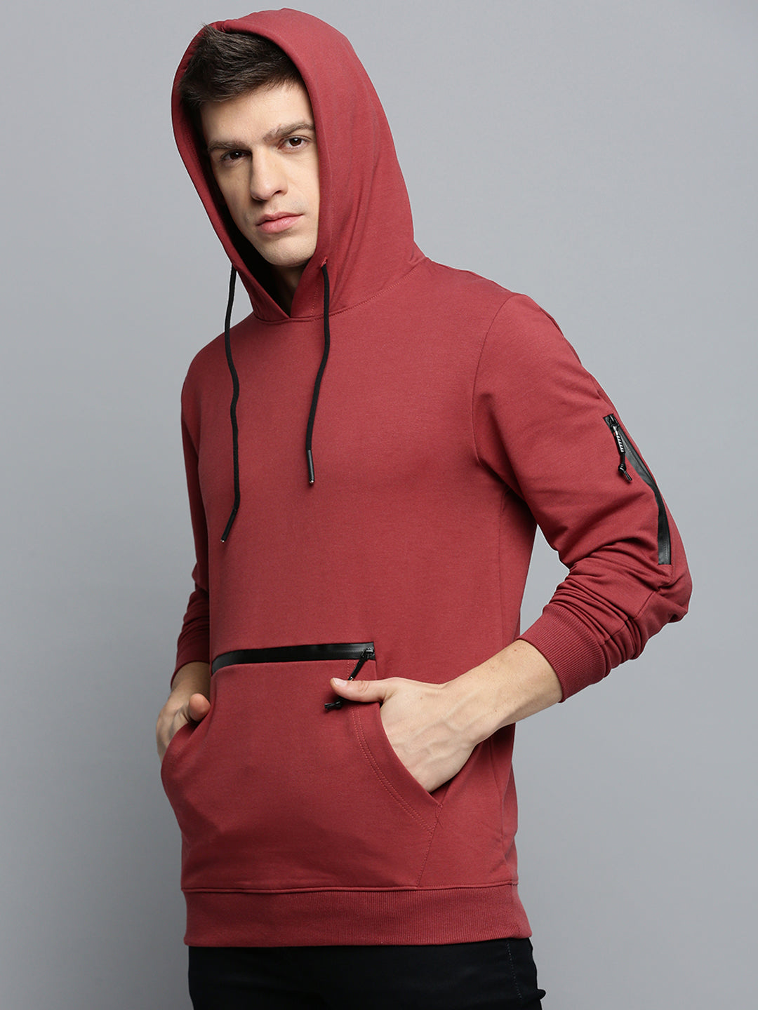 Men Maroon Solid Casual Hoodie