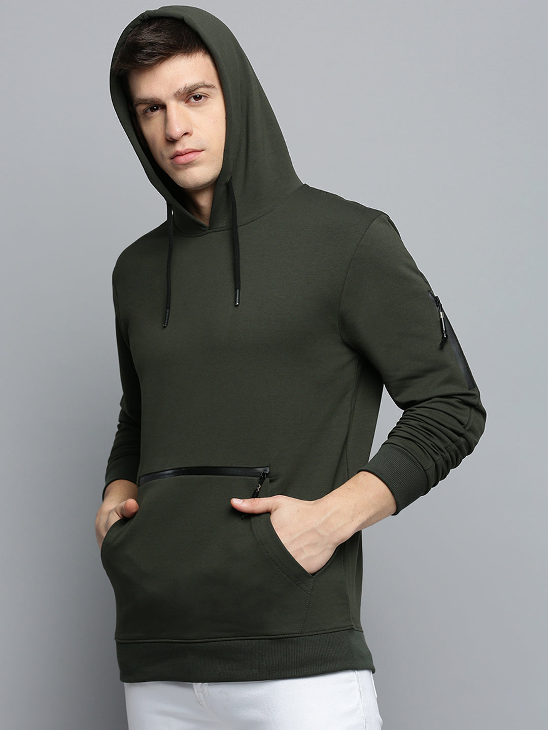 Men's Green Solid Casual Hoodie