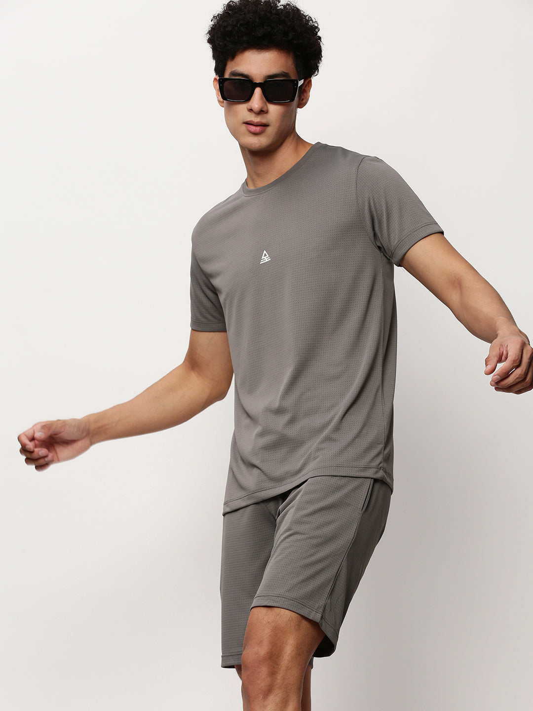 Men's Grey Self Design Round Neck T-Shirt & Shorts Co-Ords Set