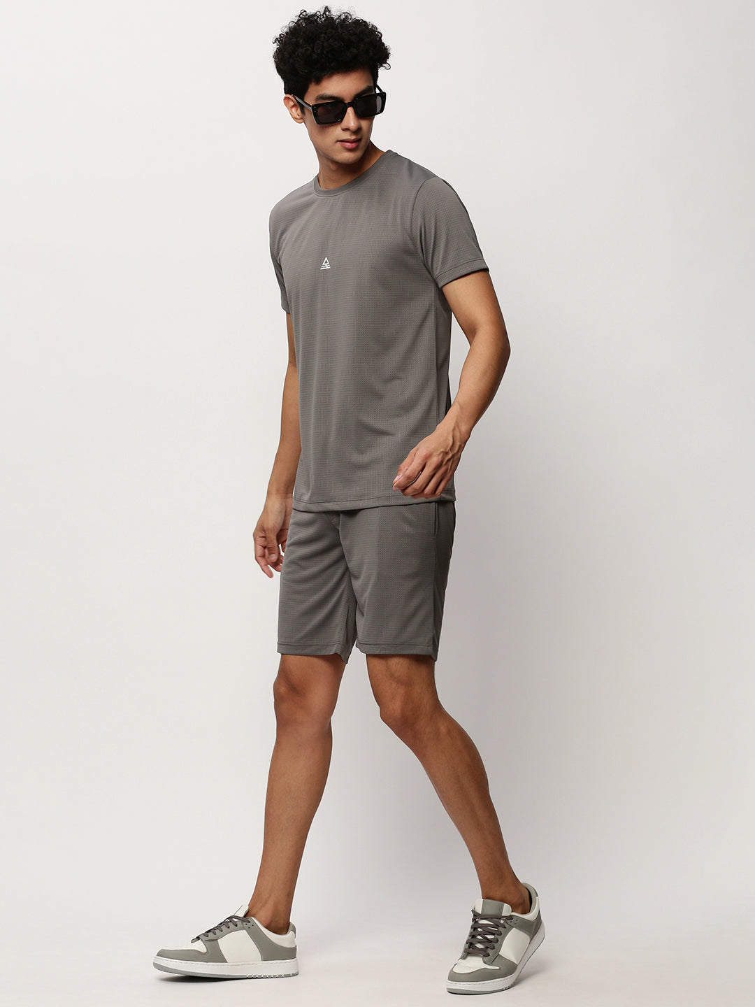 Men's Grey Self Design Round Neck T-Shirt & Shorts Co-Ords Set