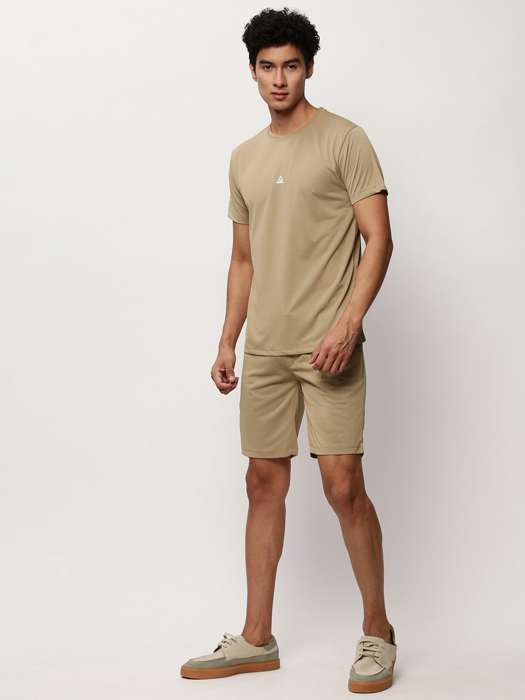 Men's Khaki Round Neck Self Design T-Shirt & Shorts Co-Ords Set