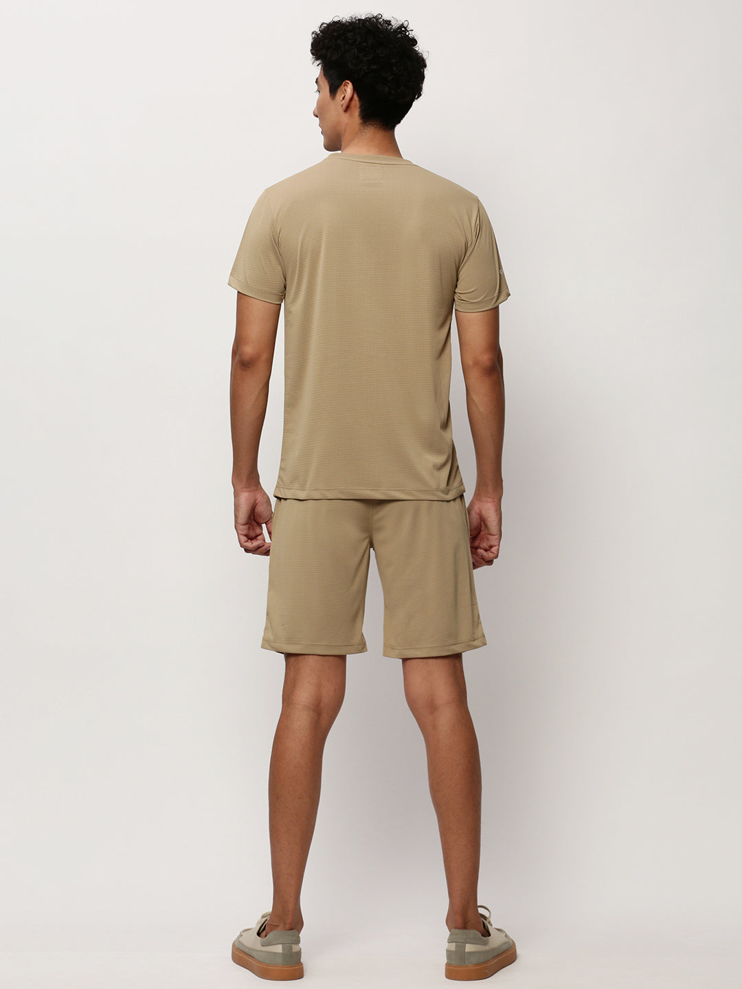 Men's Khaki Round Neck Self Design T-Shirt & Shorts Co-Ords Set