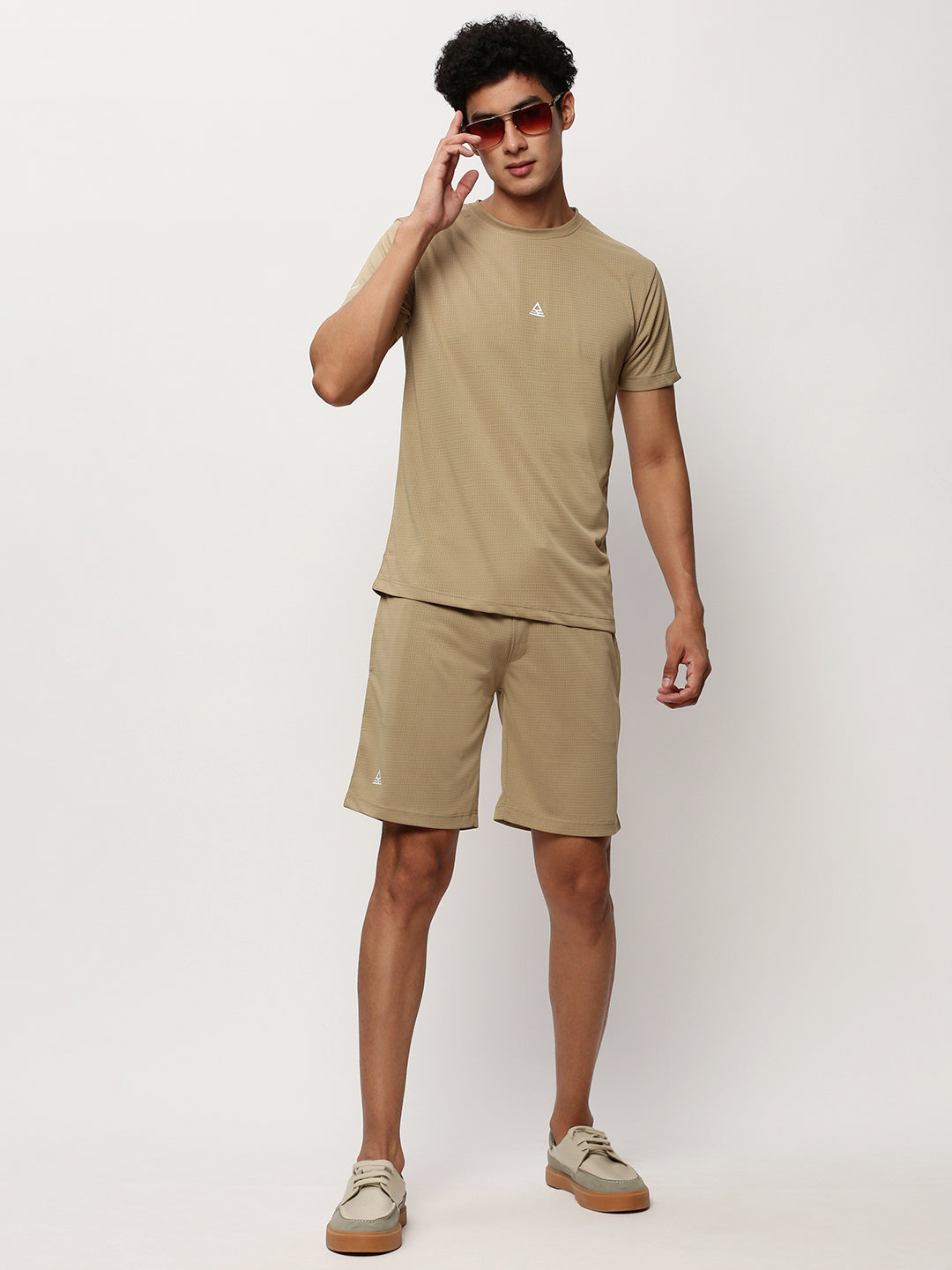 Men's Khaki Round Neck Self Design T-Shirt & Shorts Co-Ords Set