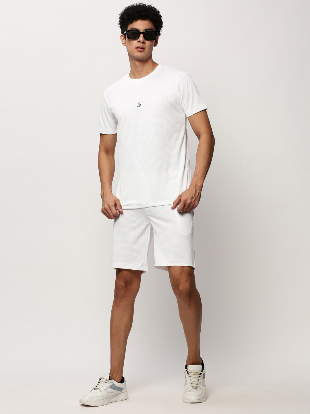 Men's White Self Design T-Shirt & Shorts Co-Ords