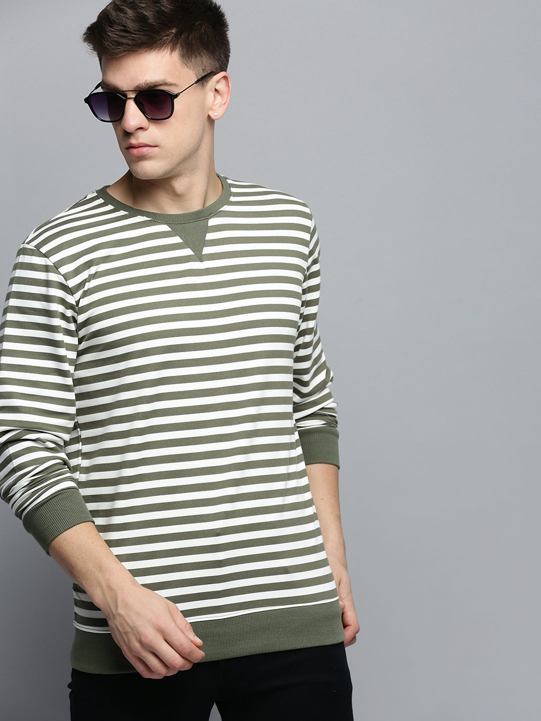 Men Green Striped Casual Sweatshirt