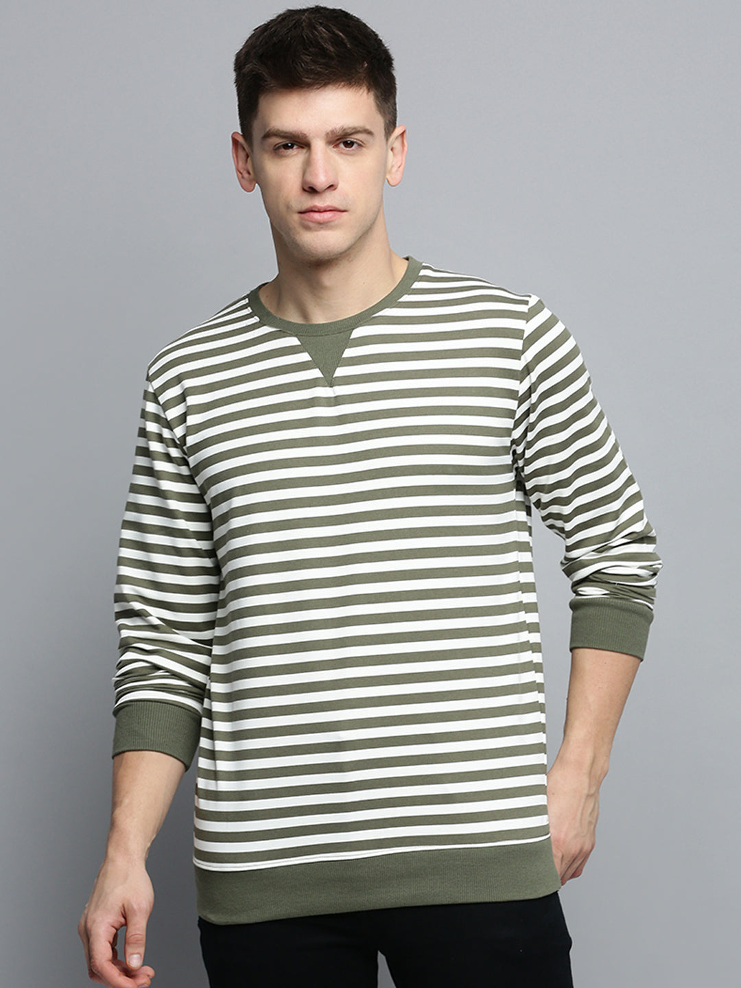 Men Green Striped Casual Sweatshirt