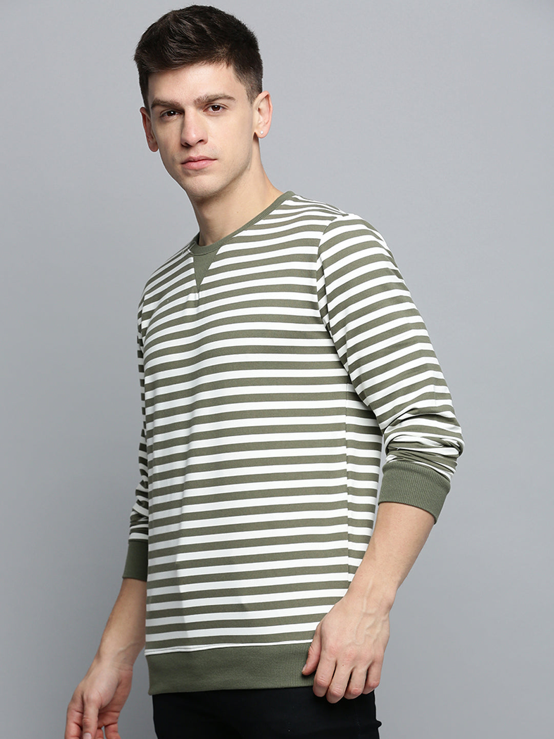 Men Green Striped Casual Sweatshirt