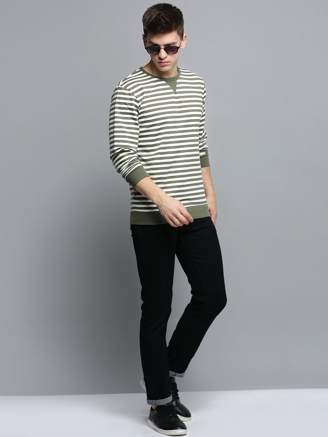 Men Green Striped Casual Sweatshirt