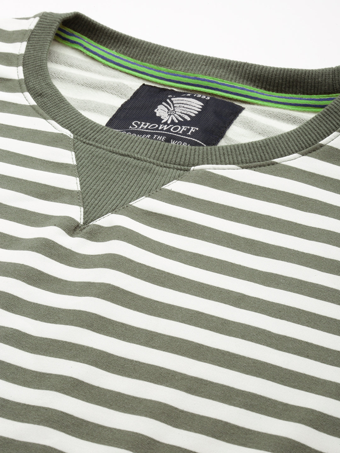 Men Green Striped Casual Sweatshirt