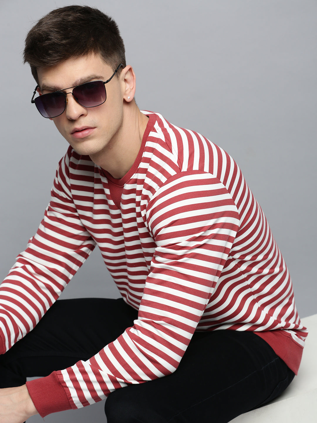 Men Red Striped Casual Sweatshirt