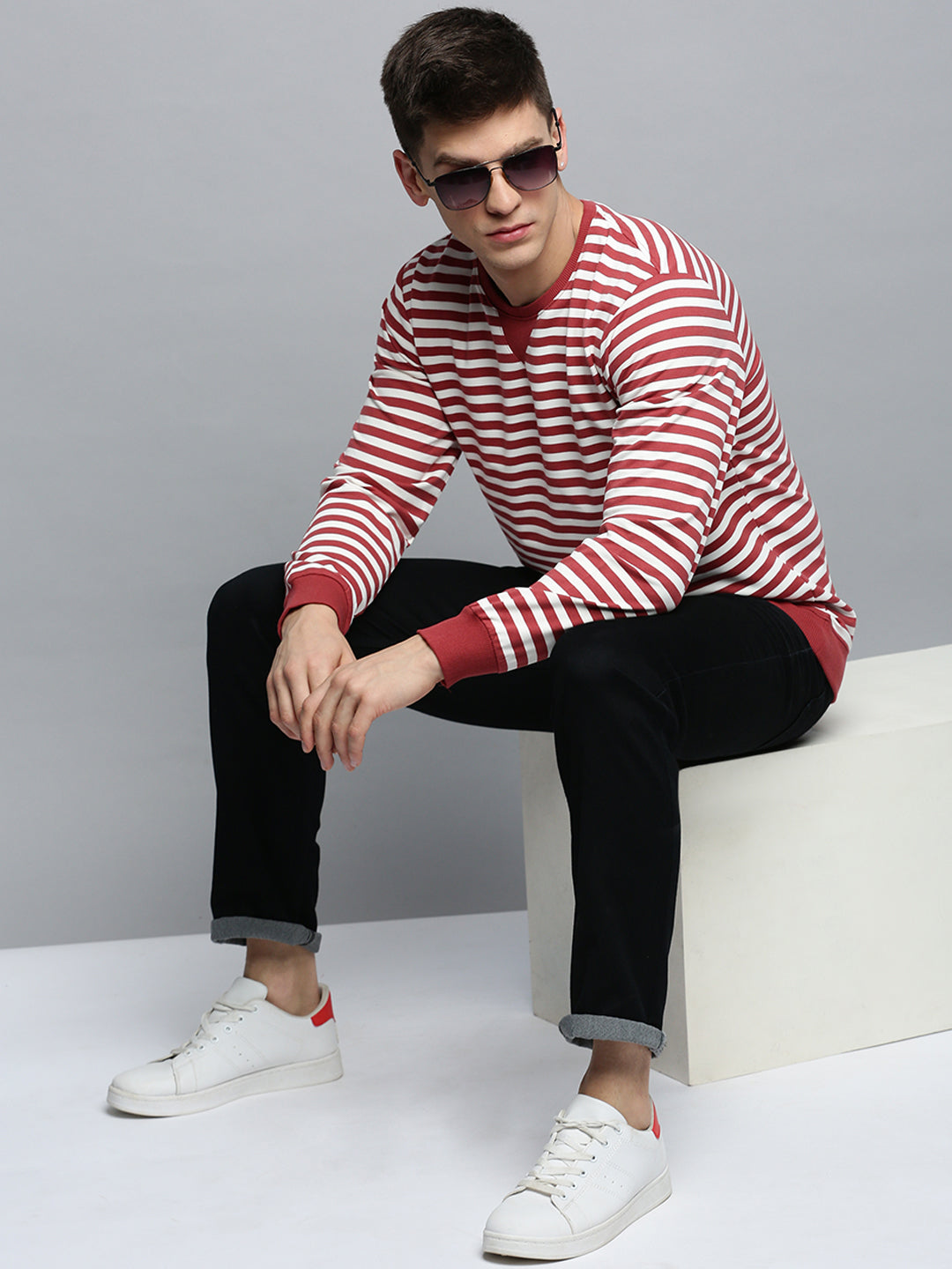 Men Red Striped Casual Sweatshirt