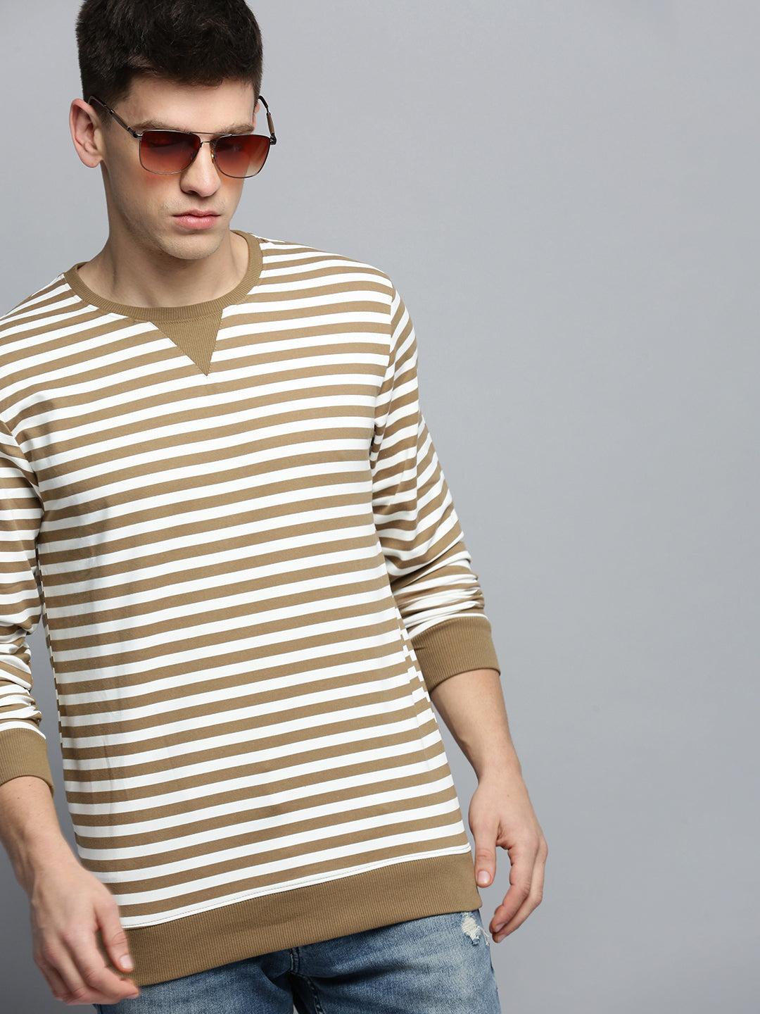 Men Grey Striped Casual Sweatshirt