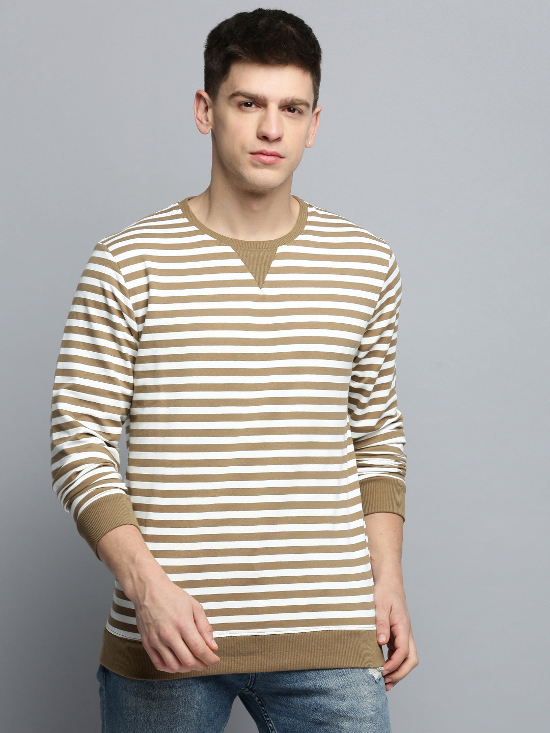 Men Grey Striped Casual Sweatshirt