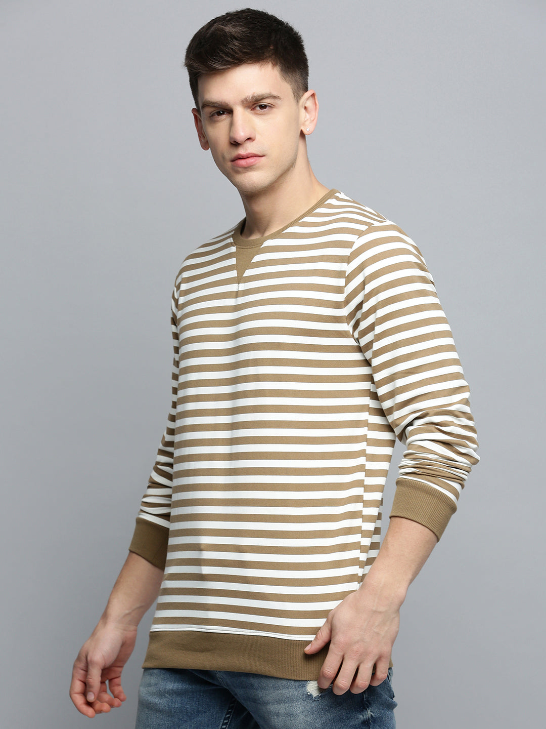 Men Grey Striped Casual Sweatshirt