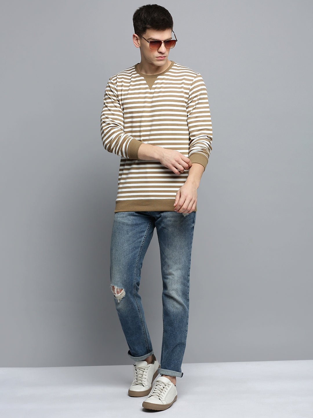 Men Grey Striped Casual Sweatshirt