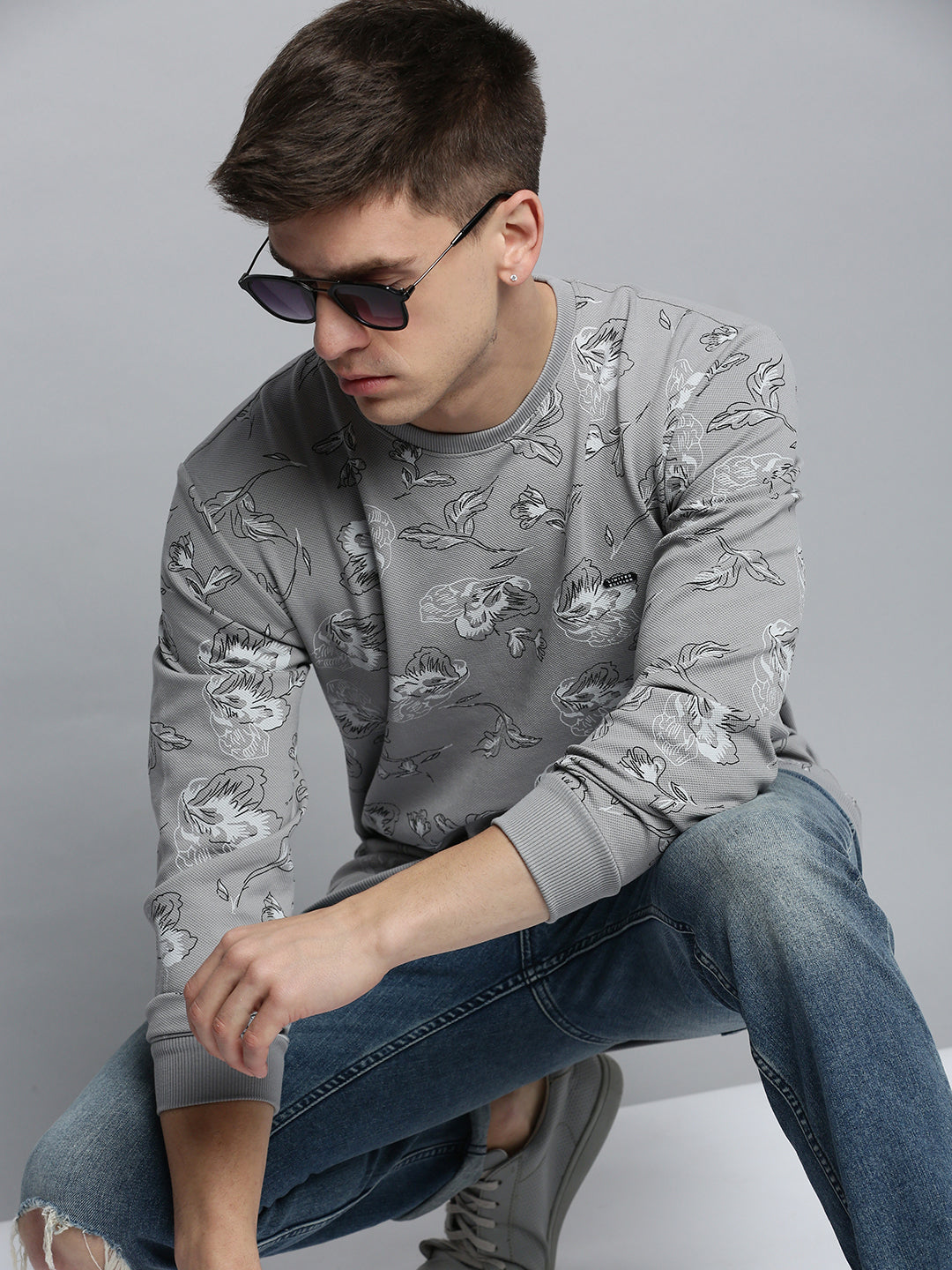 Men Grey Printed Casual Sweatshirt