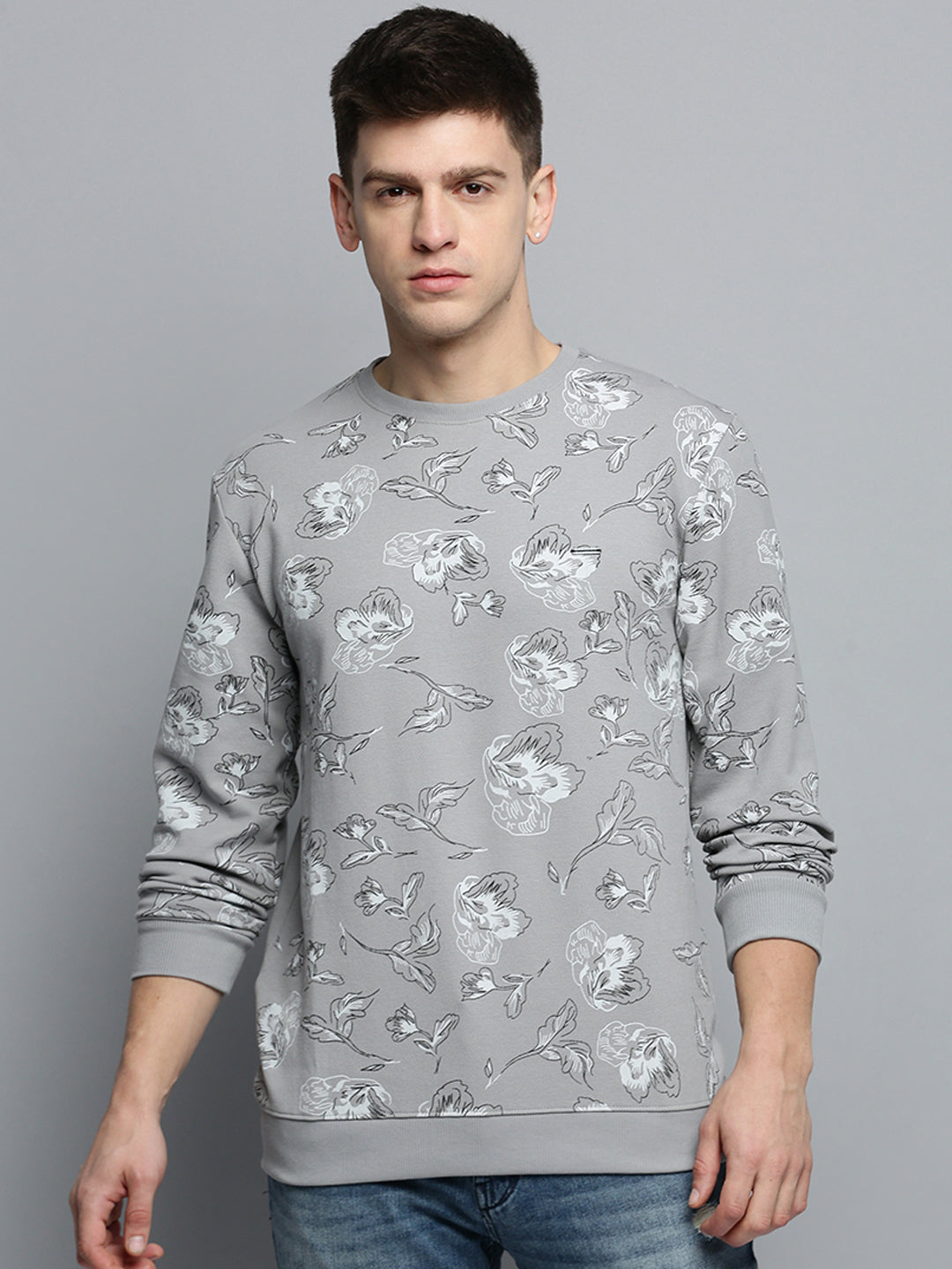 Men Grey Printed Casual Sweatshirt