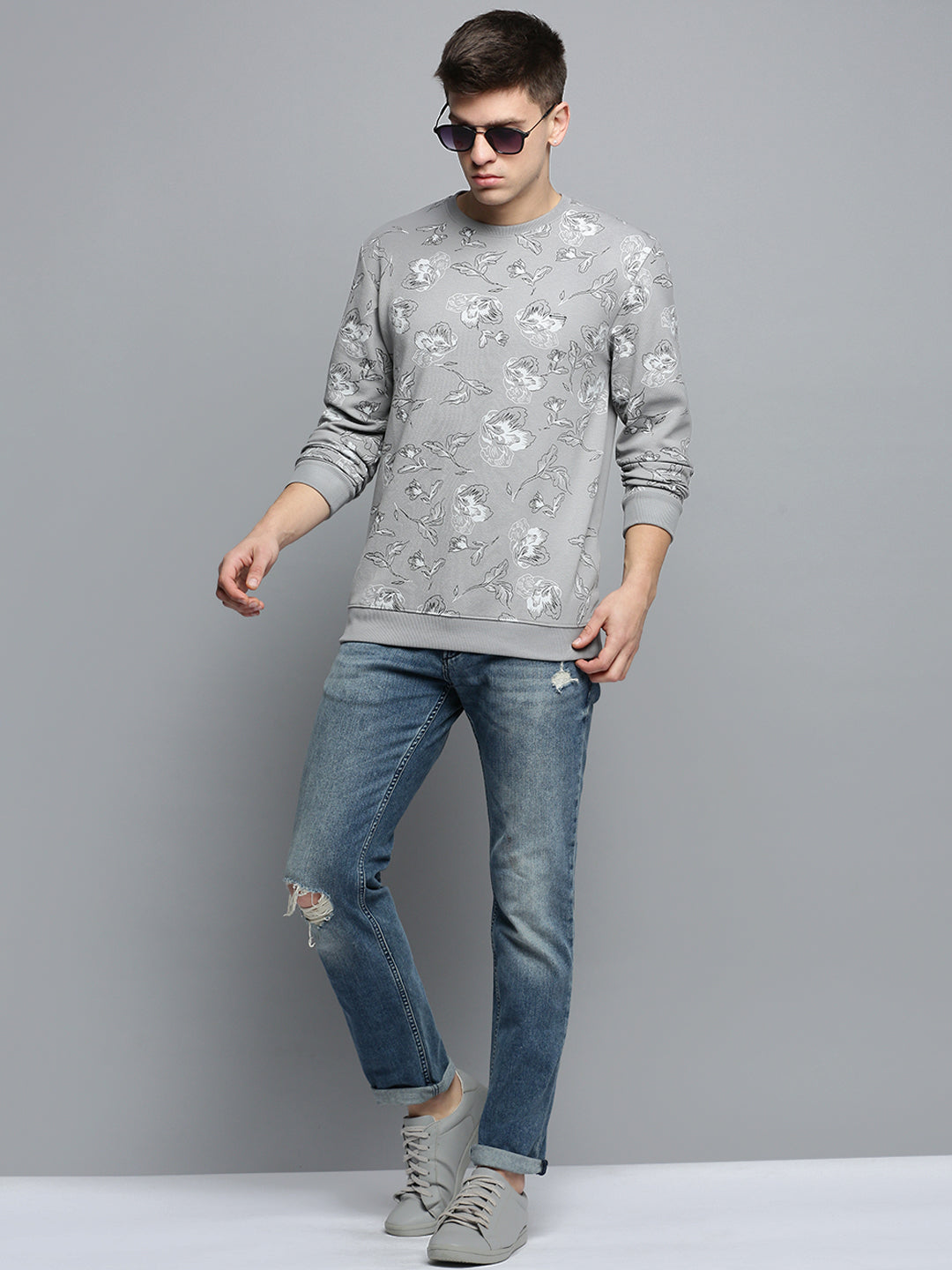 Men Grey Printed Casual Sweatshirt