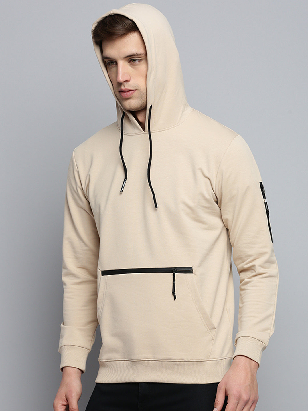 Men's Beige Solid Casual Hoodie
