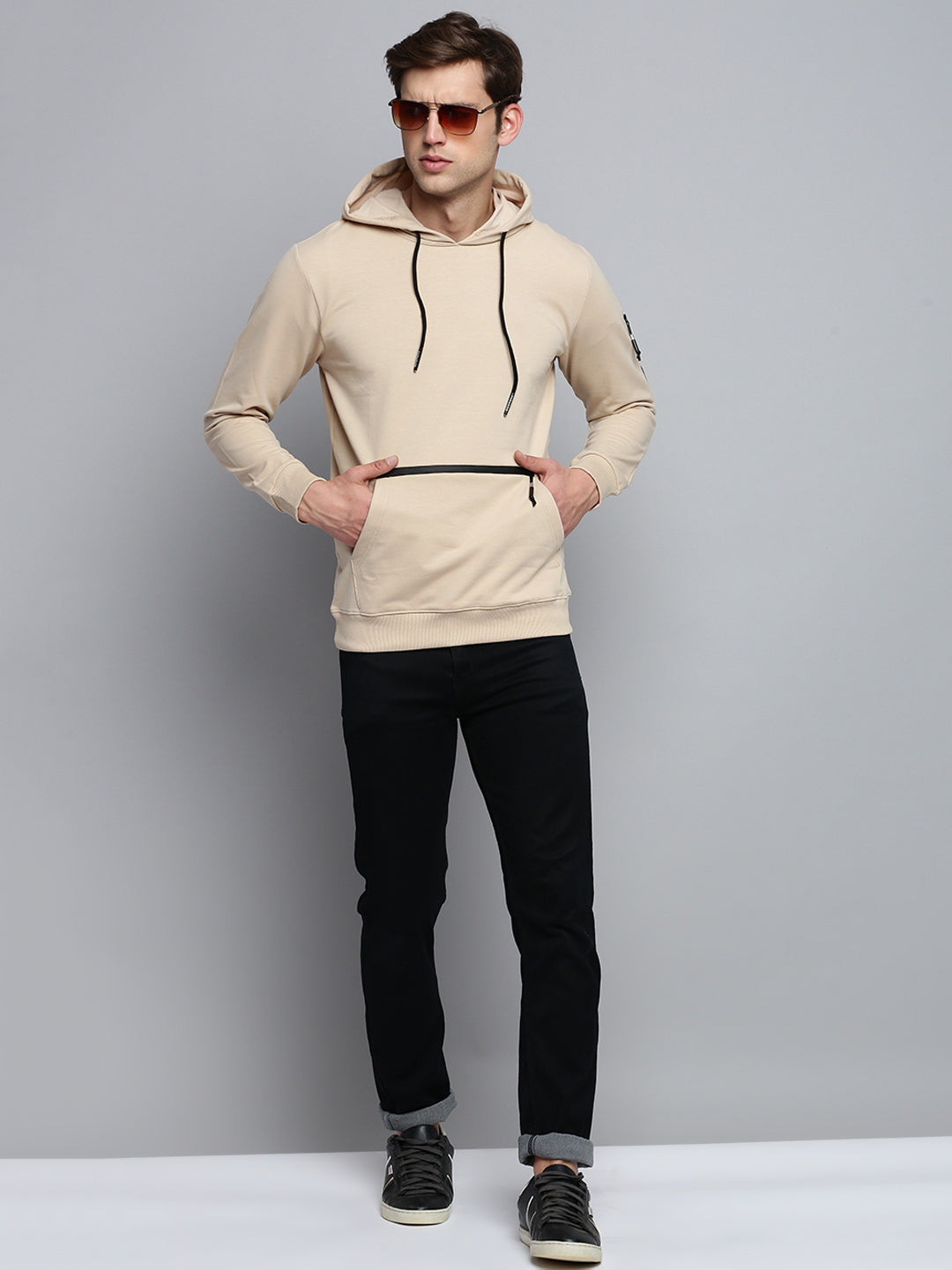 Men's Beige Solid Casual Hoodie