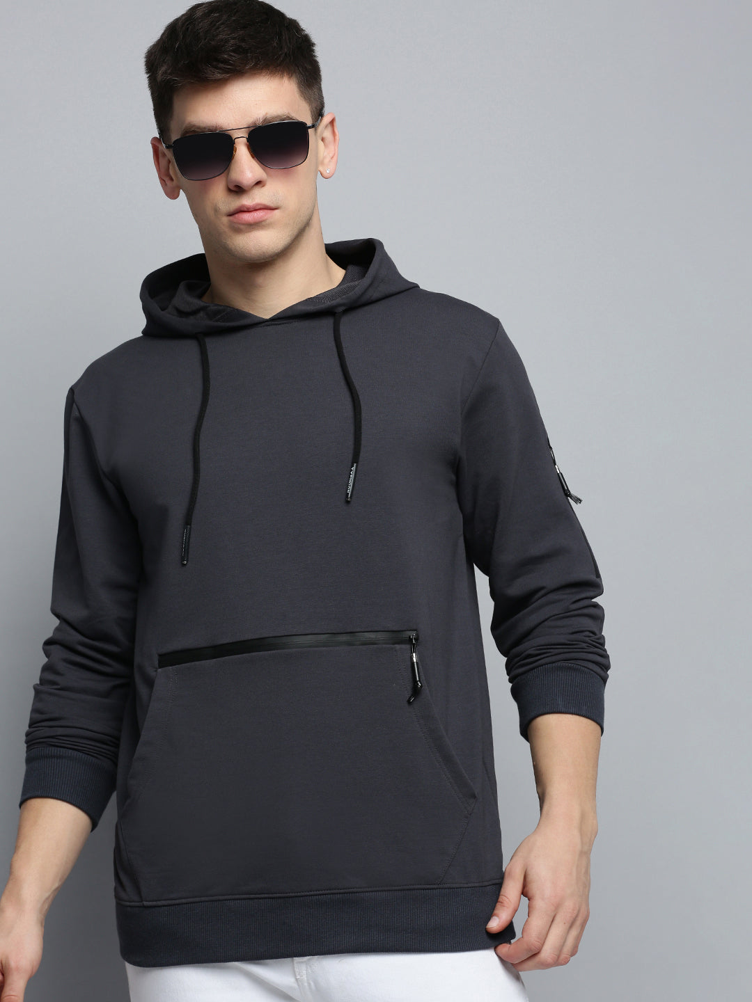 Men's Grey Solid Casual Hoodie