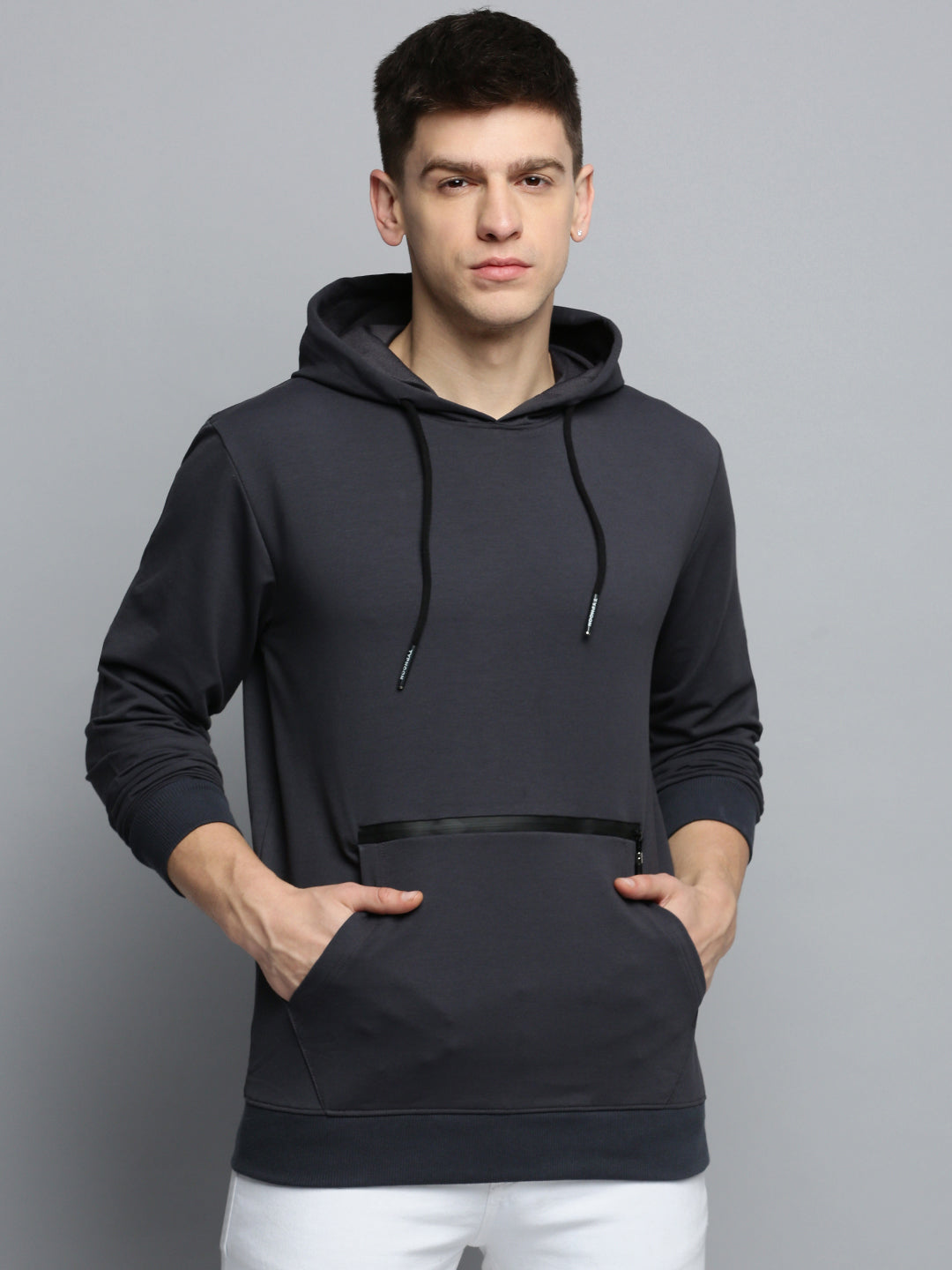 Men's Grey Solid Casual Hoodie