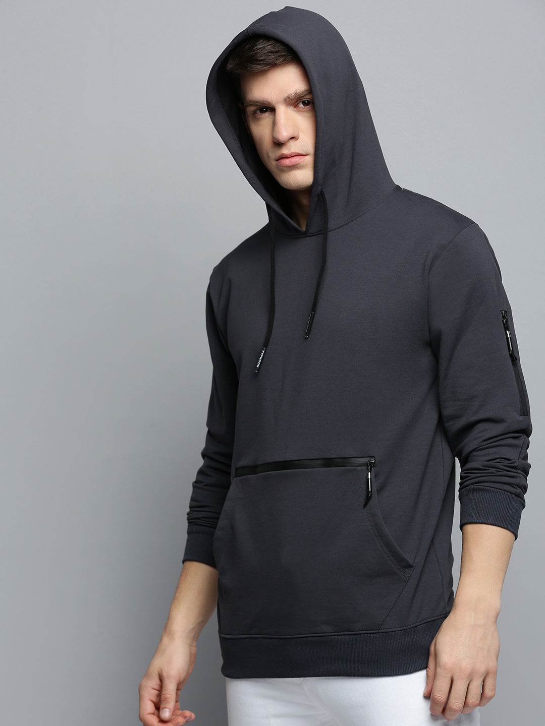 Men's Grey Solid Casual Hoodie