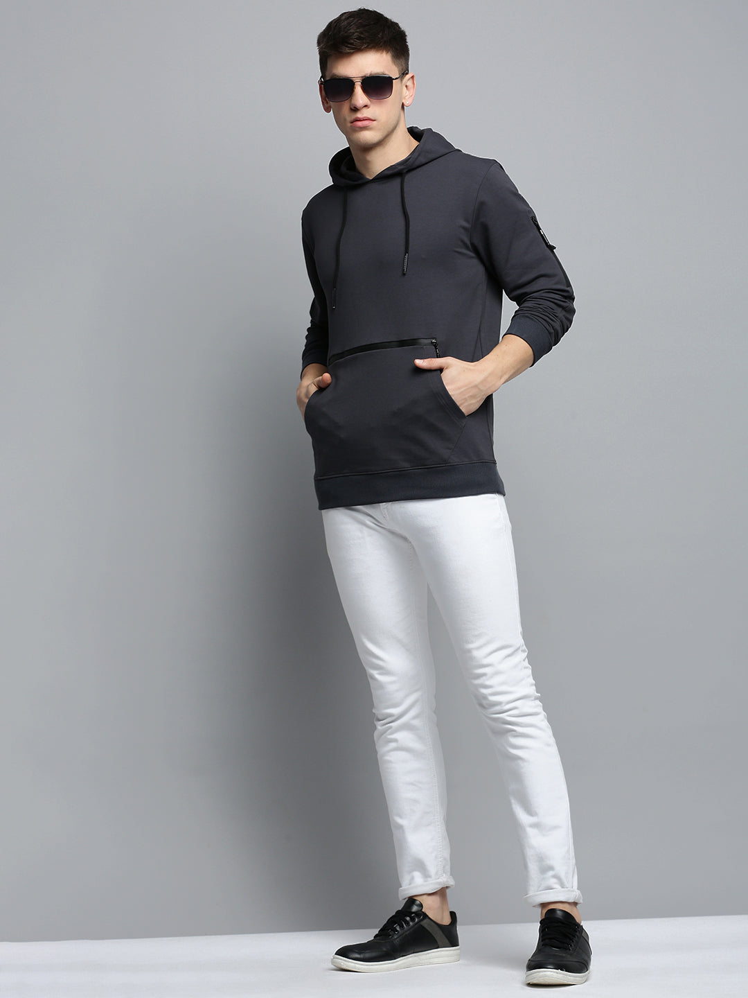 Men's Grey Solid Casual Hoodie