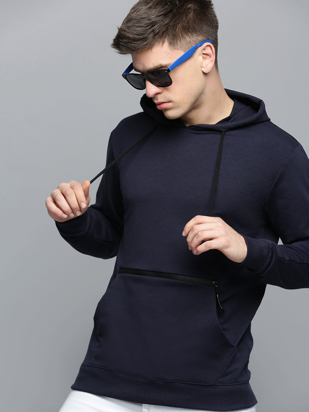 Men Navy Solid Casual Hoodie