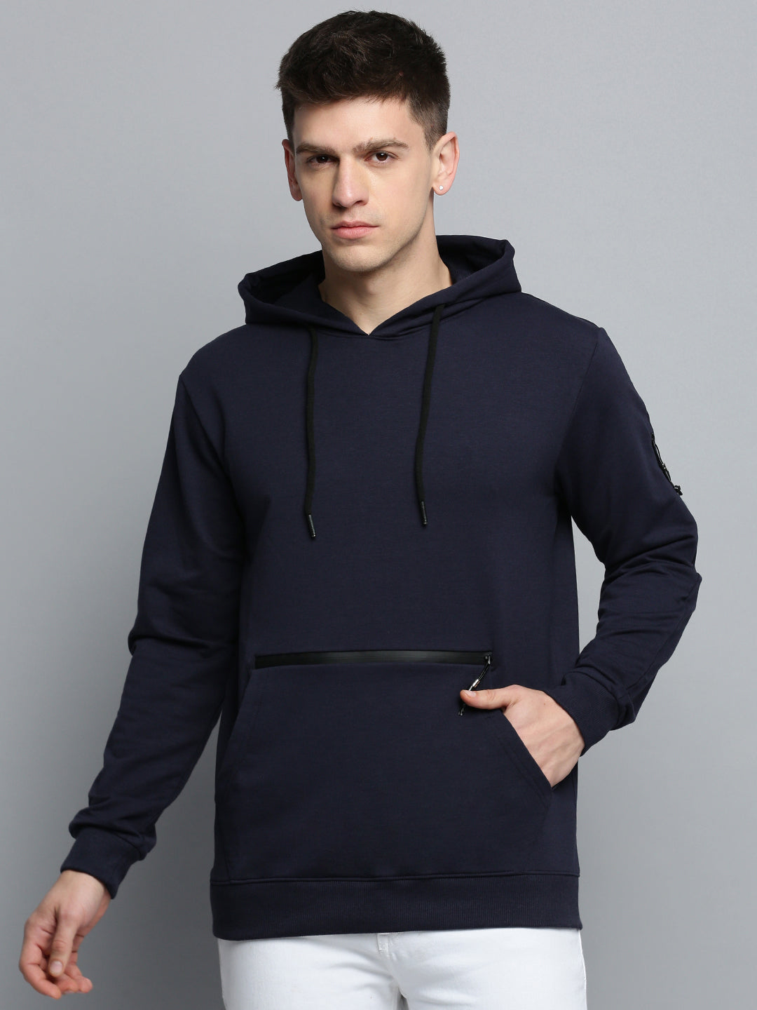 Men Navy Solid Casual Hoodie