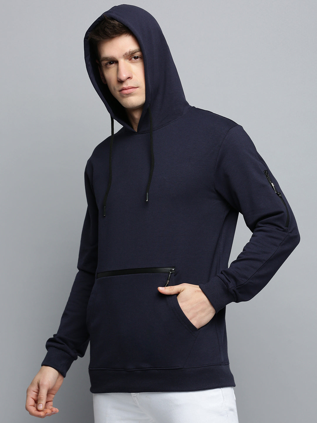 Men Navy Solid Casual Hoodie