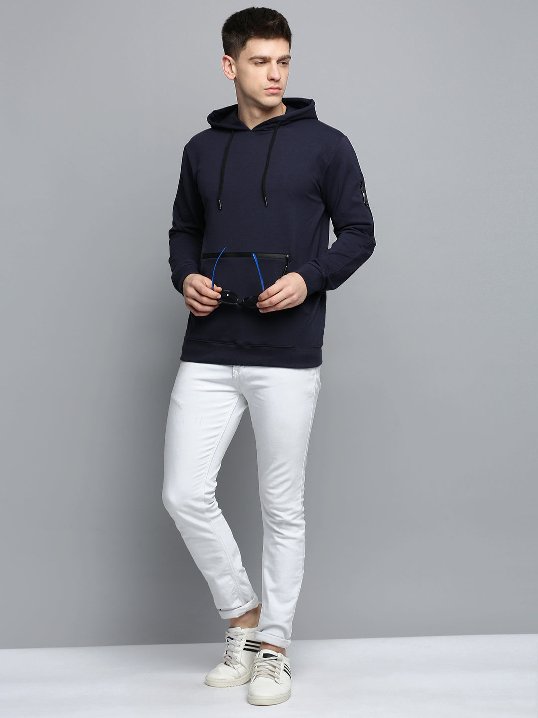 Men Navy Solid Casual Hoodie