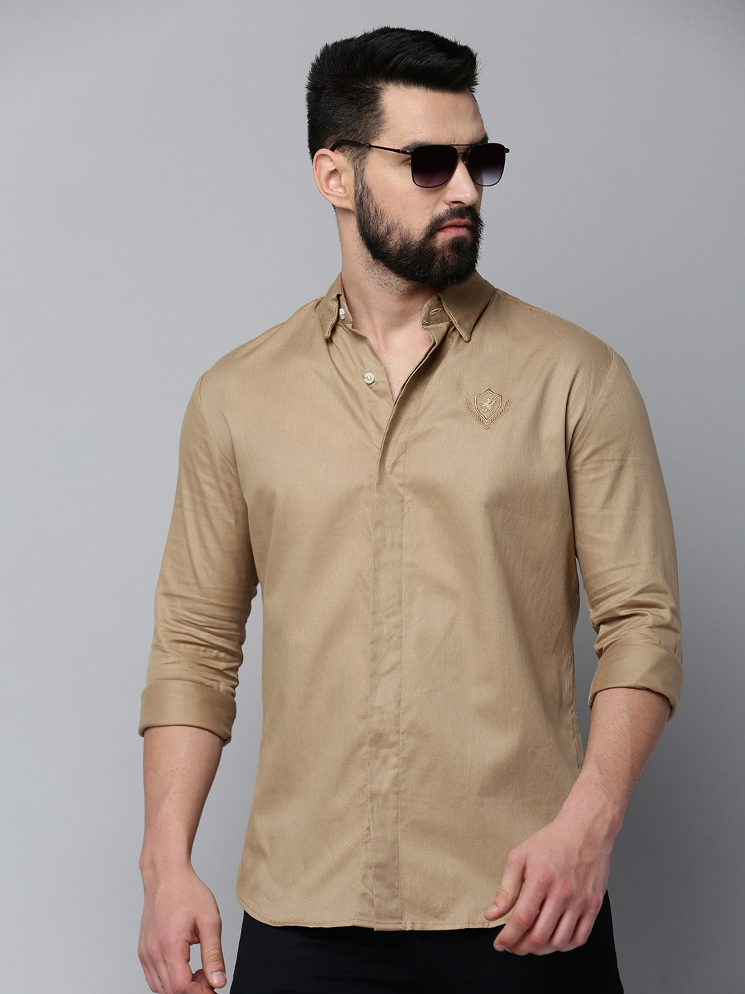 Men Khaki Solid Casual Shirt