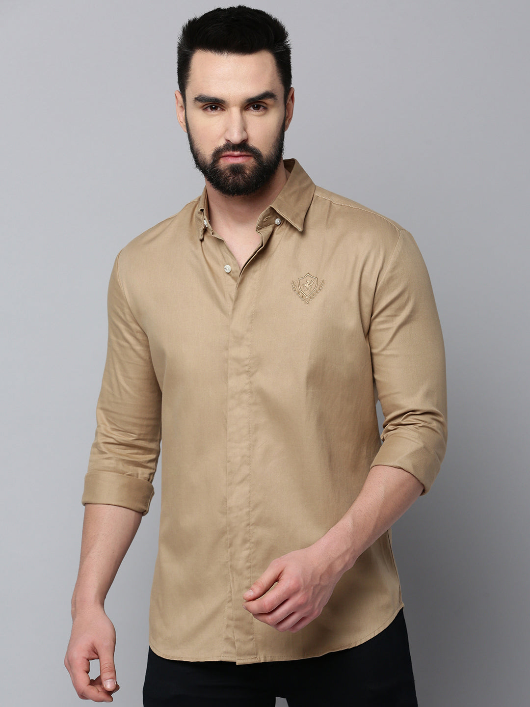 Men Khaki Solid Casual Shirt