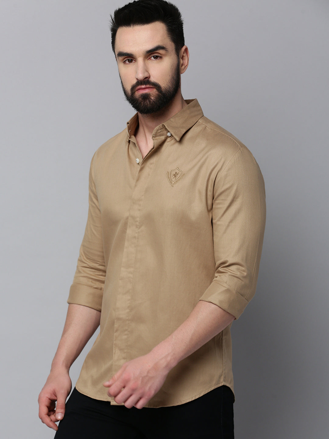 Men Khaki Solid Casual Shirt