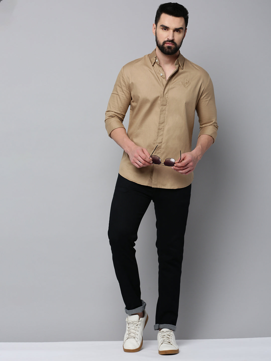 Men Khaki Solid Casual Shirt