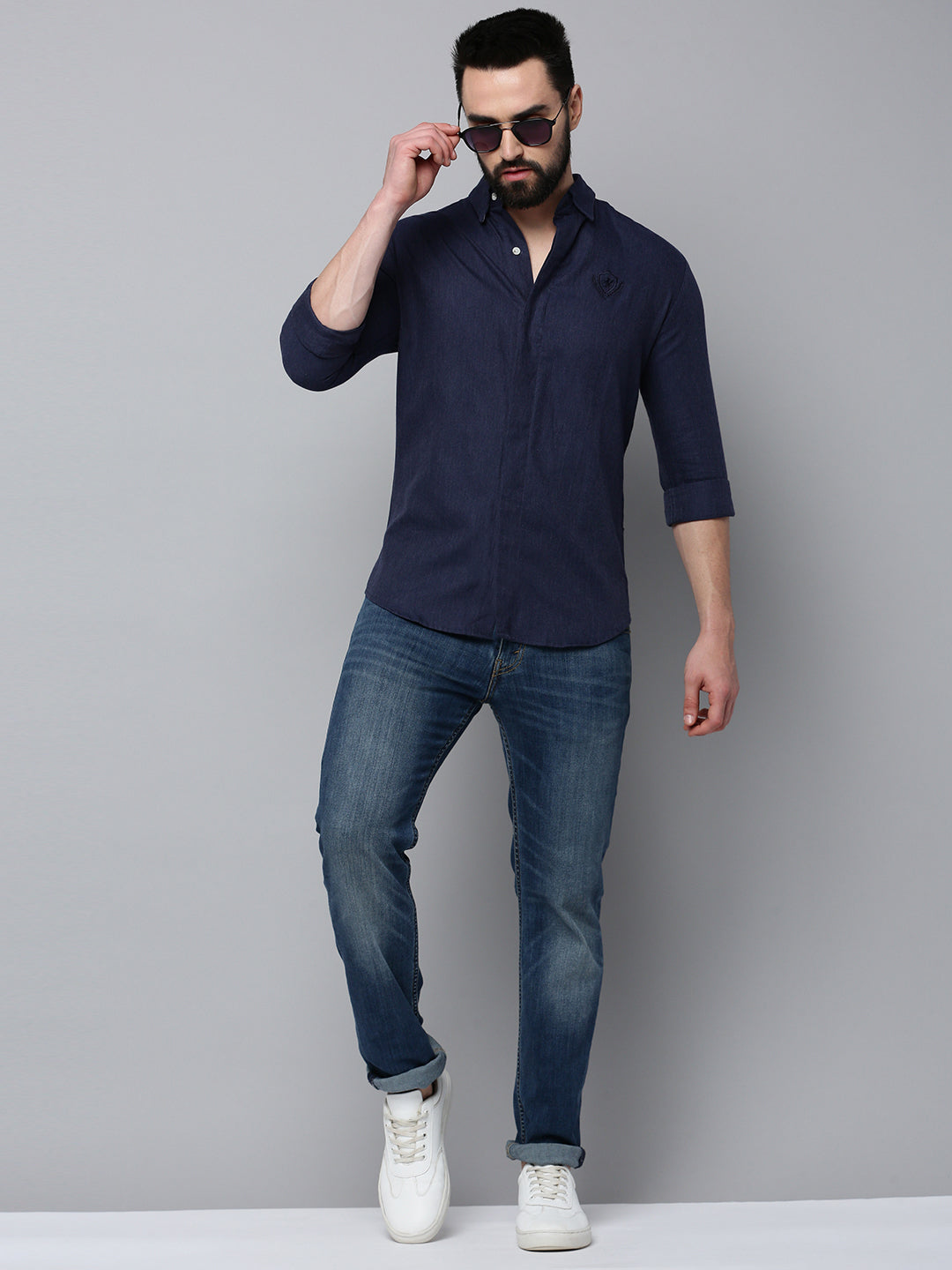 Men Navy Solid Casual Shirt