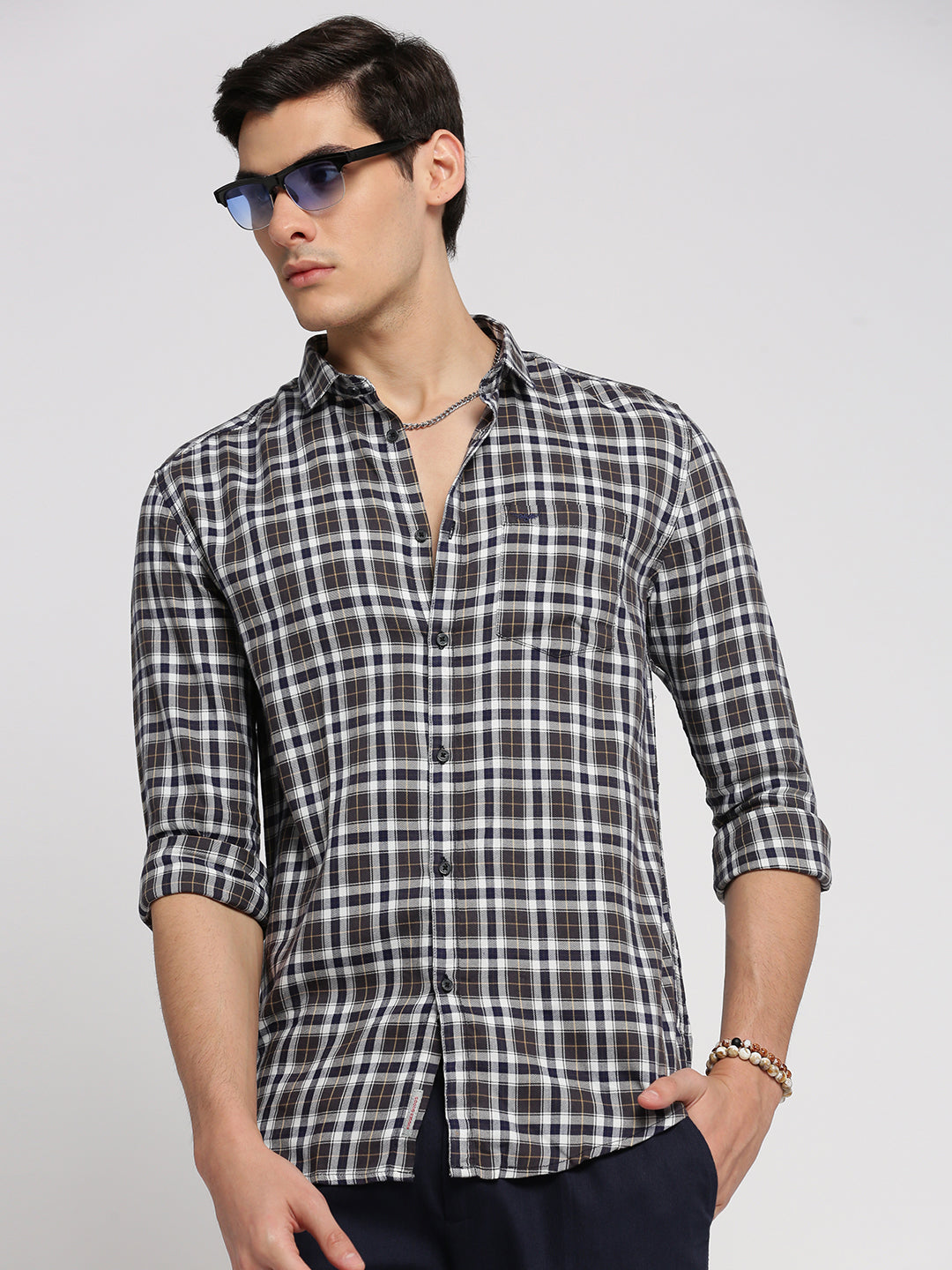 Men Navy Blue Spread Collar Tartan Checks Shirt