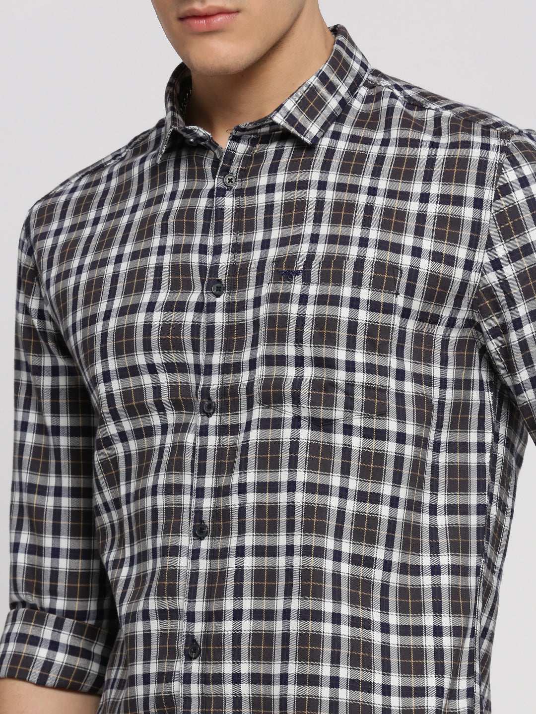 Men Navy Blue Spread Collar Tartan Checks Shirt