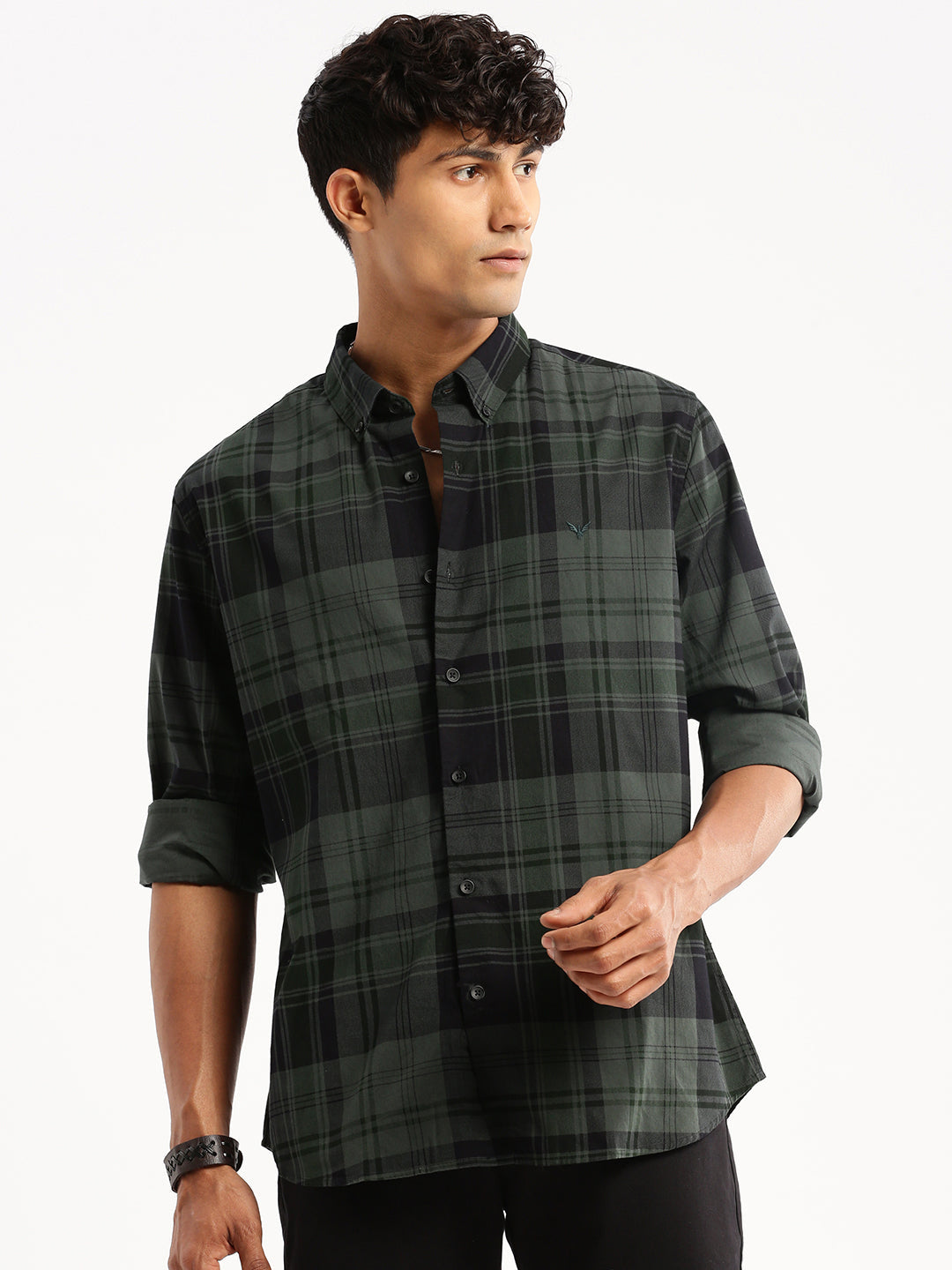 Men Green Spread Collar Tartan Checks Shirt