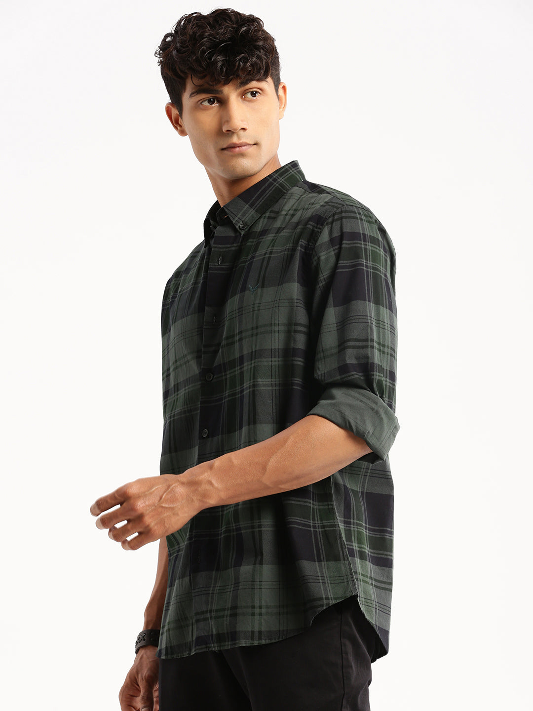 Men Green Spread Collar Tartan Checks Shirt