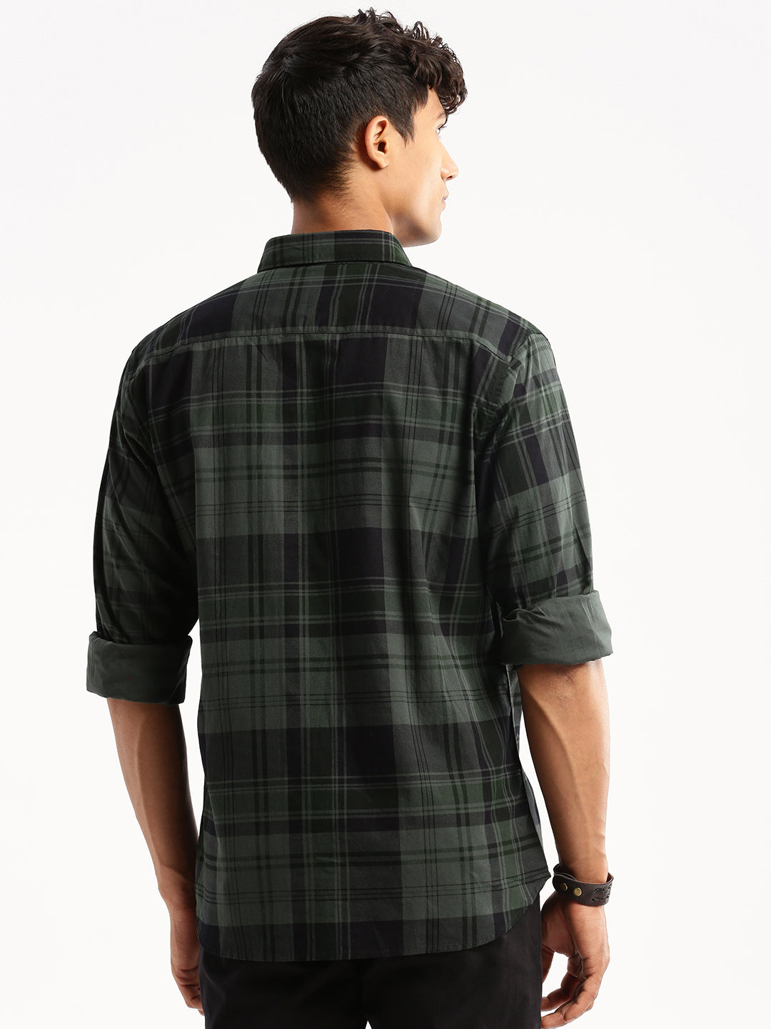 Men Green Spread Collar Tartan Checks Shirt