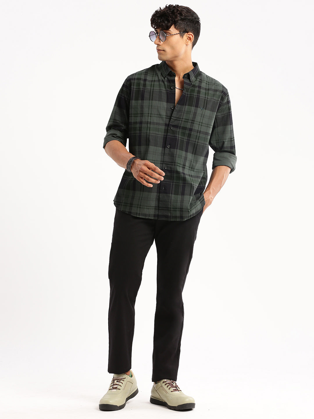 Men Green Spread Collar Tartan Checks Shirt